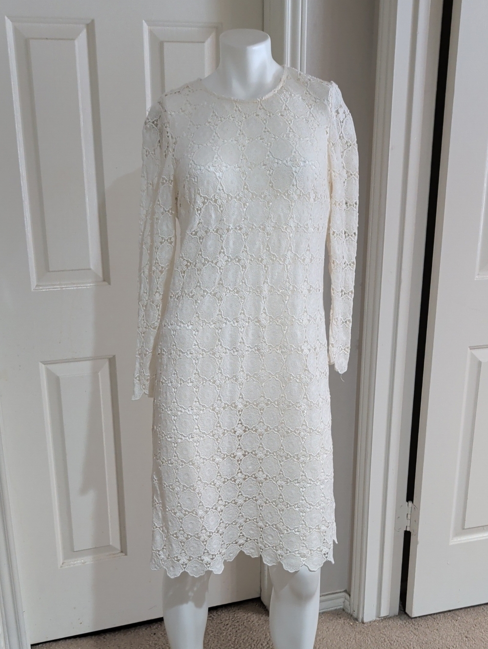 Boden Cream Heavy Lace Long-Sleeve Shift Dress SHEER Women's 12/L US
